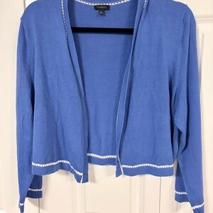 Talbots Cornflower Blue Open-Front Cardigan with White Trim